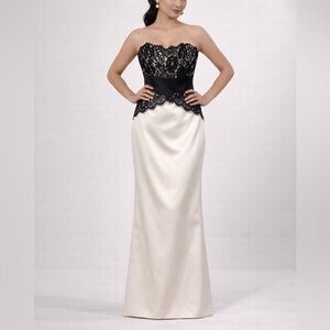 Dessy Collection Strapless Lace Satin Formal Gown in Black and Ivory